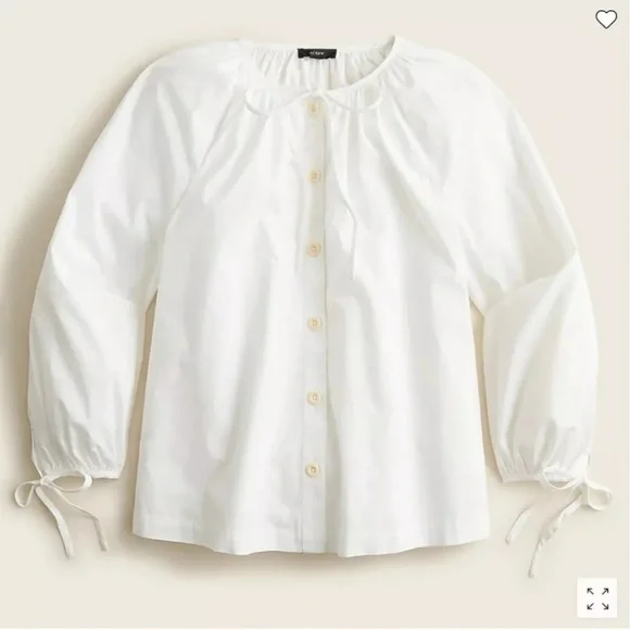 J. Crew Tie Sleeve Button Front Cotton Poplin Top in White Size Large - Picture 2 of 11